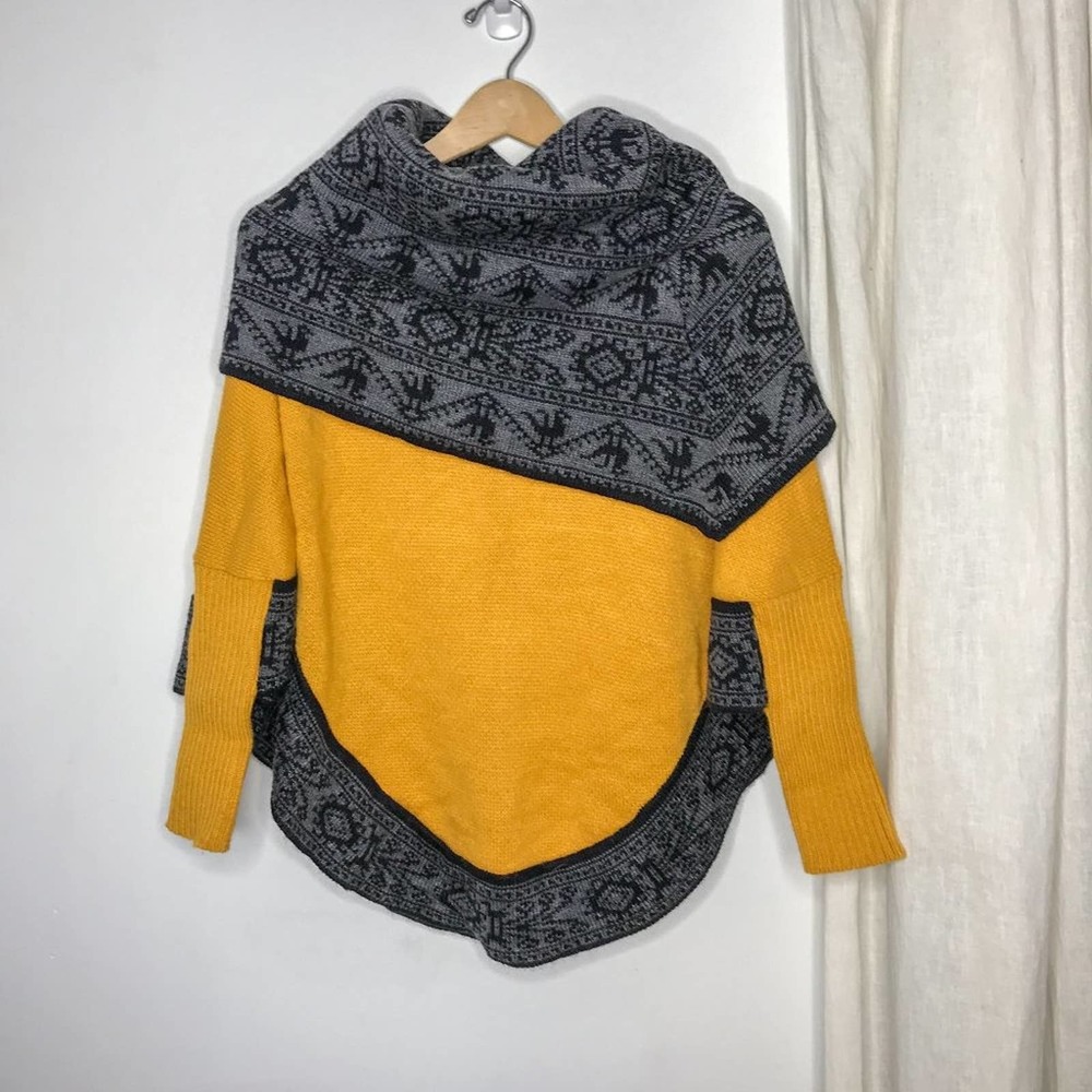 NATIVE IMPORT Peruvian Mustard Grey Poncho Sweater